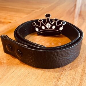 King Baby Studio Black Leather Belt Size 36 + Crown Belt Buckle Vintage